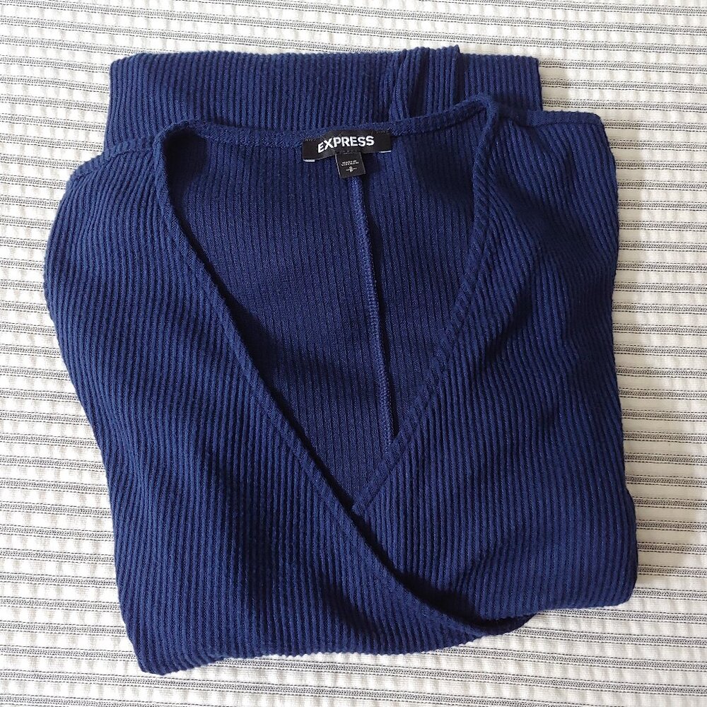 EXPRESS Faux Wrap Knit Dress Navy Blue Long Sleeve Size S - Picture 3 of 5